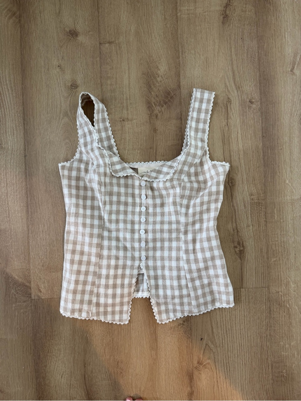 One Loved Babe Gingham Lace Trim Tank Top Brown & White Size Medium